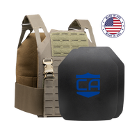 Thumbnail for Caliber Armor Caliber AR550 DV8 - Level III+ Body Armor Package includes a tactical vest with two black AR550 plates featuring a blue 
