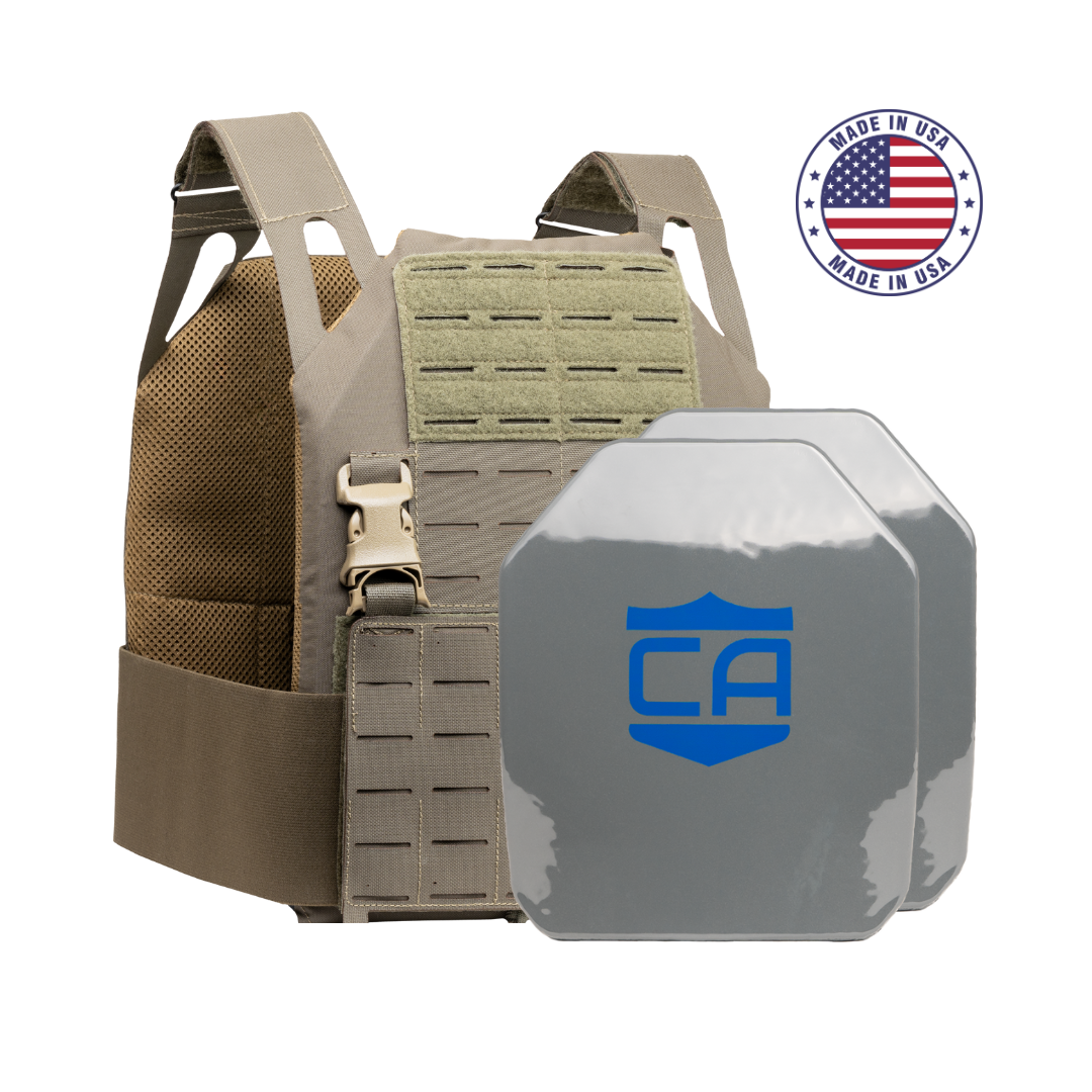 Caliber Armor AR550 DV8 Level III+ Body Armor Package in tan with two gray AR550 plates labeled "CA" and a "Made in USA" badge in the top right corner.