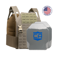 Thumbnail for Caliber Armor AR550 DV8 Level III+ Body Armor Package in tan with two gray AR550 plates labeled 