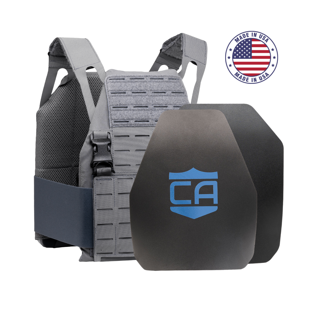 The Caliber Armor AR550 DV8 - Level III+ Body Armor Package includes a gray tactical vest with two black plates featuring a blue "CA" logo, shown beside a "Made in USA" badge with an American flag.