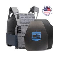 Thumbnail for The Caliber Armor AR550 DV8 - Level III+ Body Armor Package includes a gray tactical vest with two black plates featuring a blue 