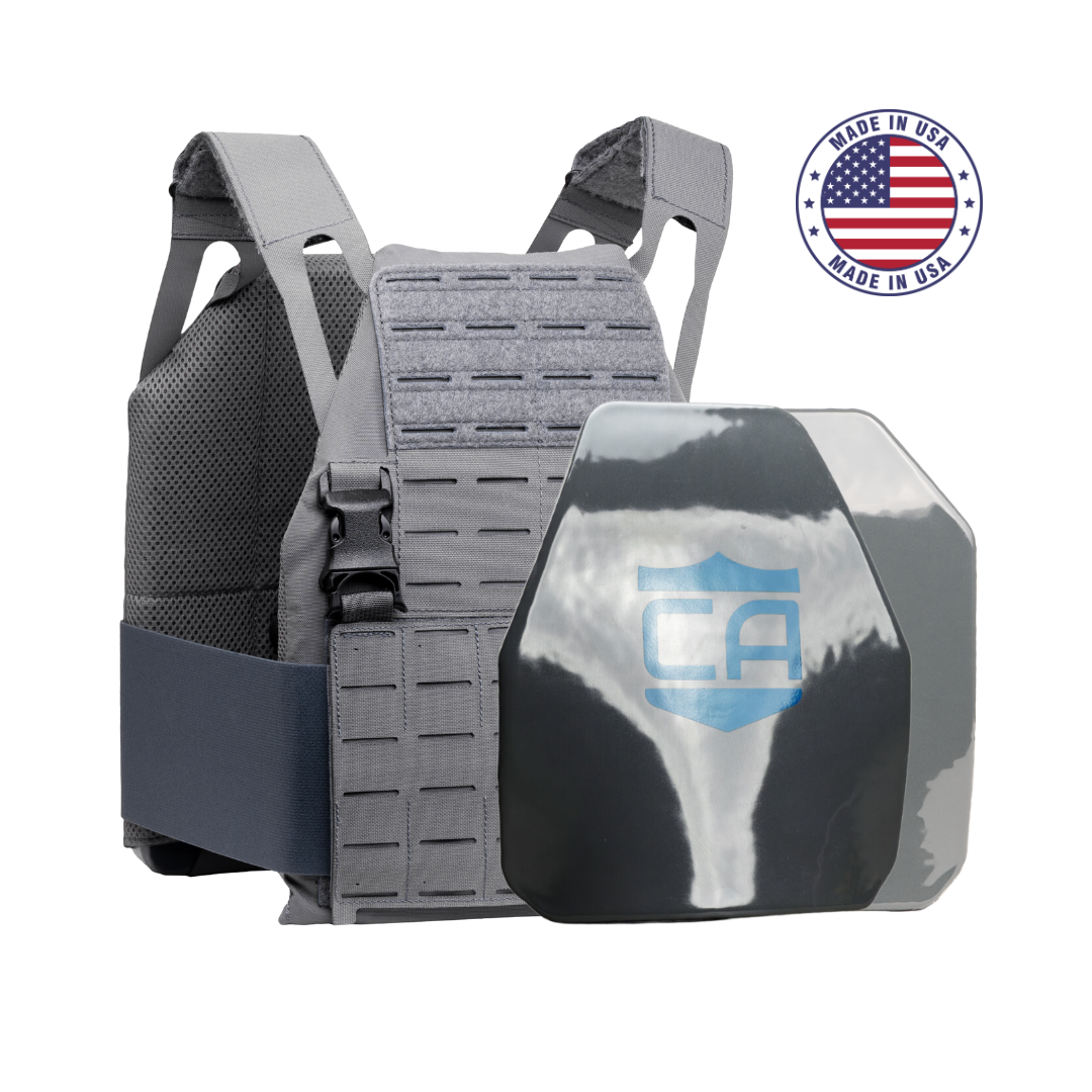 A gray Caliber AR550 DV8 - Level III+ Body Armor Package by Caliber Armor features a ballistic plate with a blue "CA" logo, shown beside a "Made in USA" badge with an American flag.