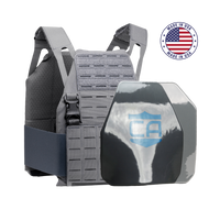 Thumbnail for A gray Caliber AR550 DV8 - Level III+ Body Armor Package by Caliber Armor features a ballistic plate with a blue 