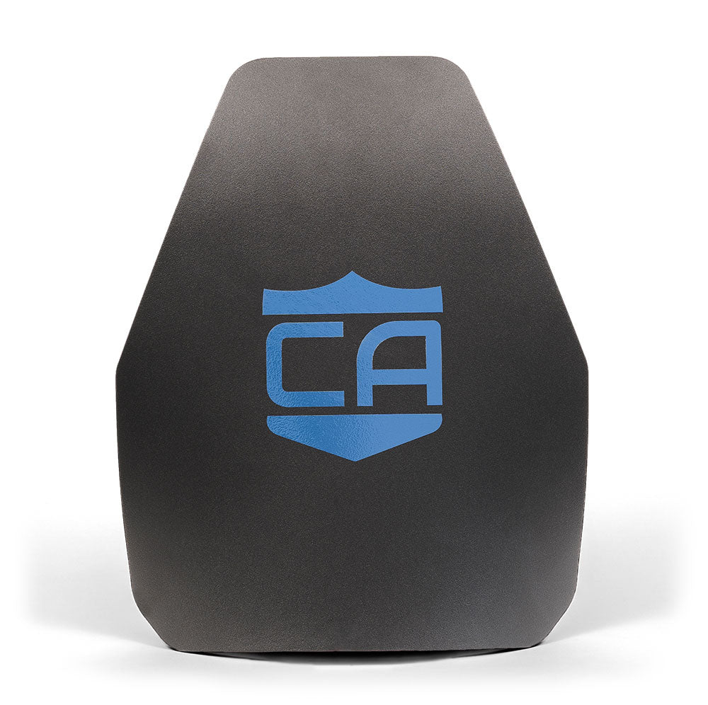 The Caliber Armor AR550 III+ Multi-Curve Body Armor plate is black with beveled edges and a blue shield logo featuring "CA" in the center, shown on a white background.
