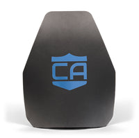 Thumbnail for The Caliber Armor AR550 III+ Multi-Curve Body Armor plate is black with beveled edges and a blue shield logo featuring 