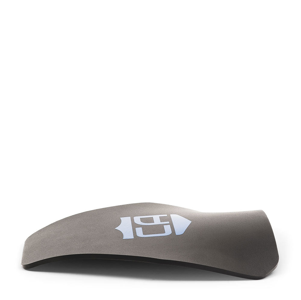 A single black orthotic shoe insole with a light blue logo on a white background, engineered to offer support as dependable as Caliber Armor's AR550 III+ Multi-Curve Body Armor.