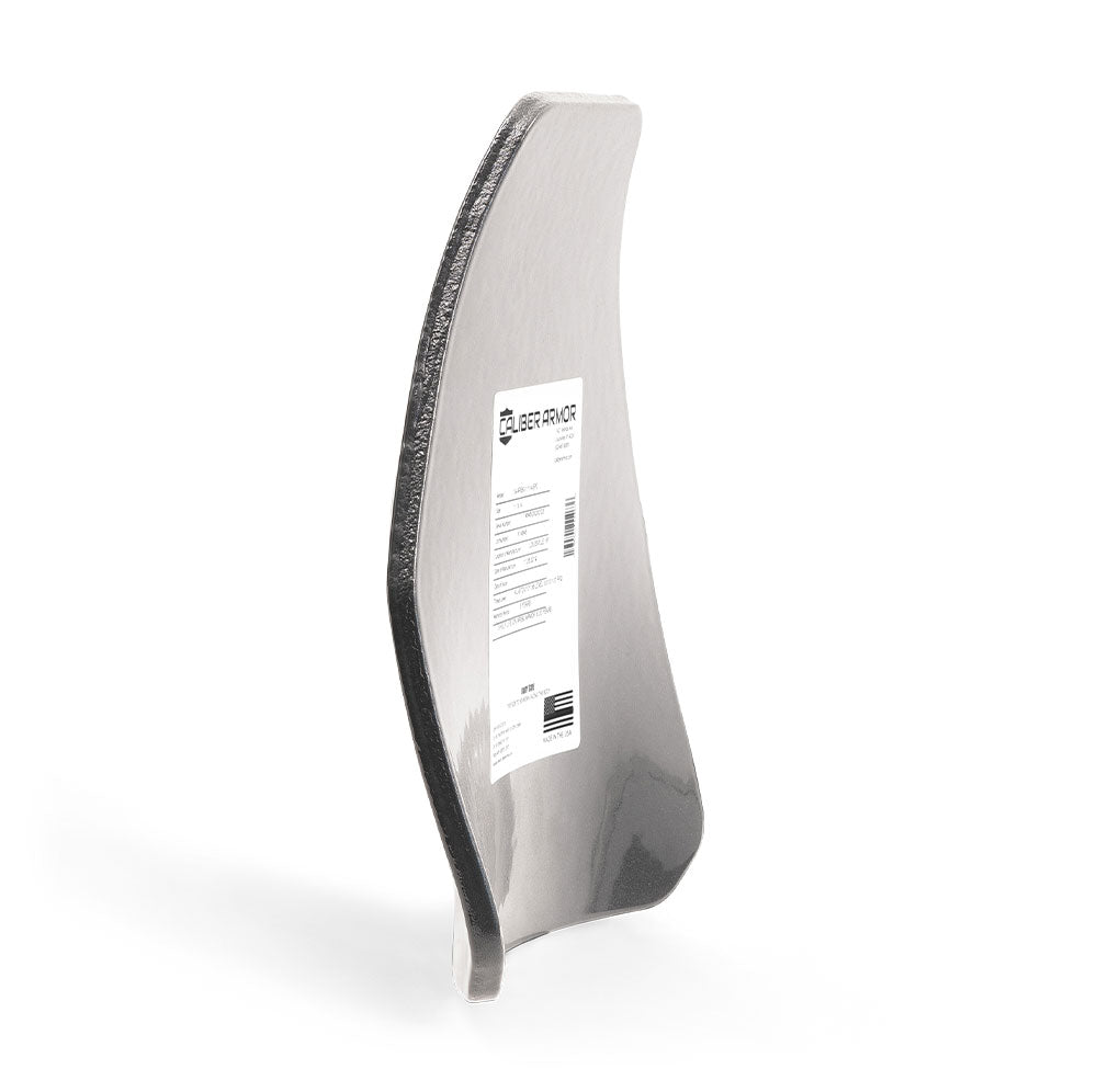 A single Caliber Armor AR550 III+ Multi-Curve Body Armor plate stands upright on a white background, featuring a barcode and product label on one side.