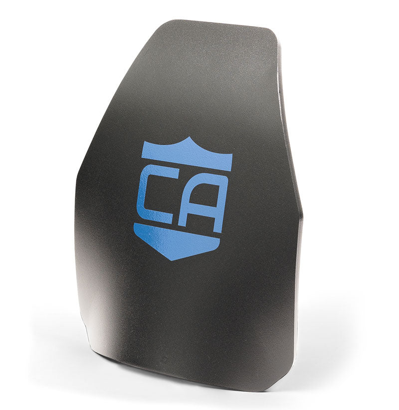 A single black AR550 III+ Multi-Curve Body Armor plate by Caliber Armor with an angular shape and a blue shield logo featuring the letters "CA" on the front.