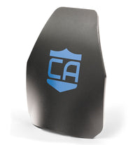 Thumbnail for A single black AR550 III+ Multi-Curve Body Armor plate by Caliber Armor with an angular shape and a blue shield logo featuring the letters 