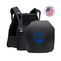 Thumbnail for The Caliber Armor AR550 DV8 Level III+ Body Armor Package includes a black tactical vest with AR550 plates, featuring a blue 