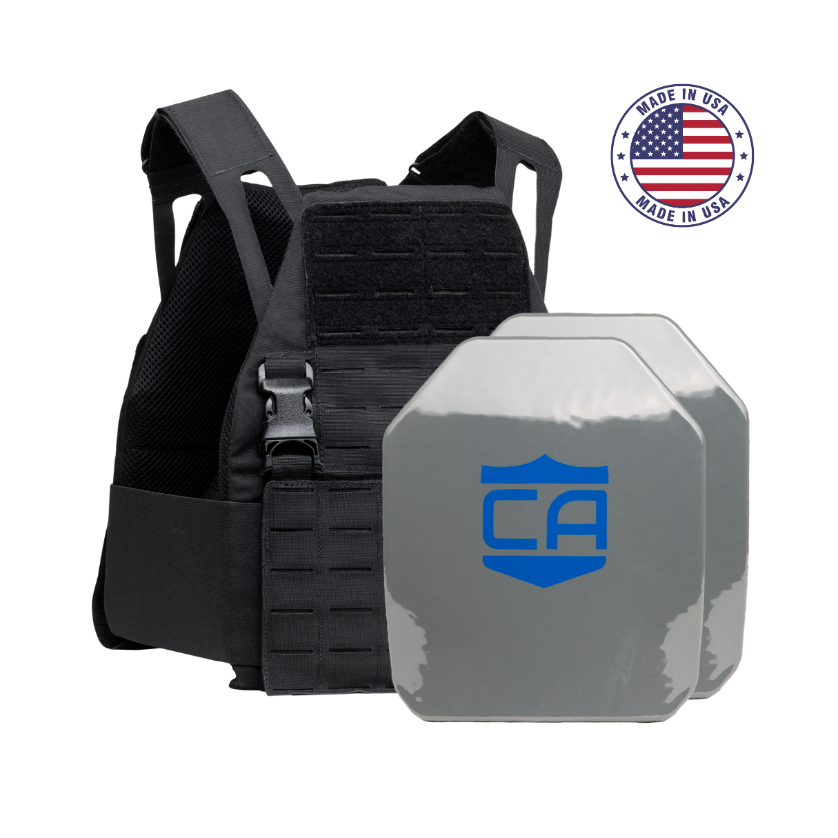 The Caliber Armor AR550 DV8 - Level III+ Body Armor Package includes a black tactical vest with two gray plates featuring a blue shield logo, shown beside a "Made in USA" badge with the American flag.