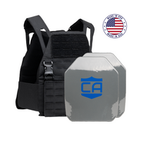 Thumbnail for The Caliber Armor AR550 DV8 - Level III+ Body Armor Package includes a black tactical vest with two gray plates featuring a blue shield logo, shown beside a 