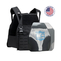 Thumbnail for The Caliber Armor AR550 DV8 - Level III+ Body Armor Package is a black tactical vest with a hard AR550 plate that features a blue shield logo and an American flag 