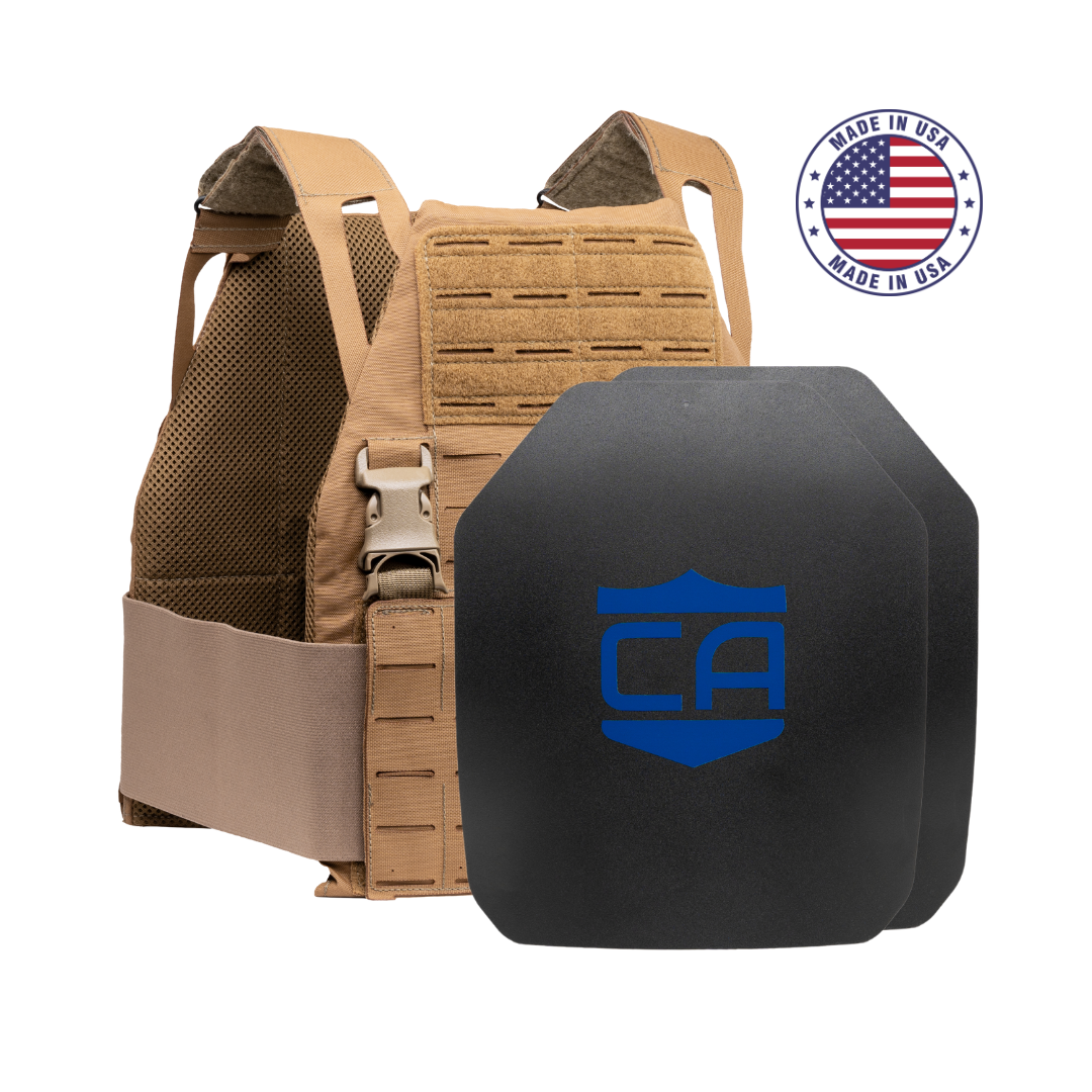Caliber Armor Caliber AR550 DV8 Level III+ Body Armor Package in tan, includes two black AR550 plates with blue logo, shown with a "Made in USA" American flag badge.