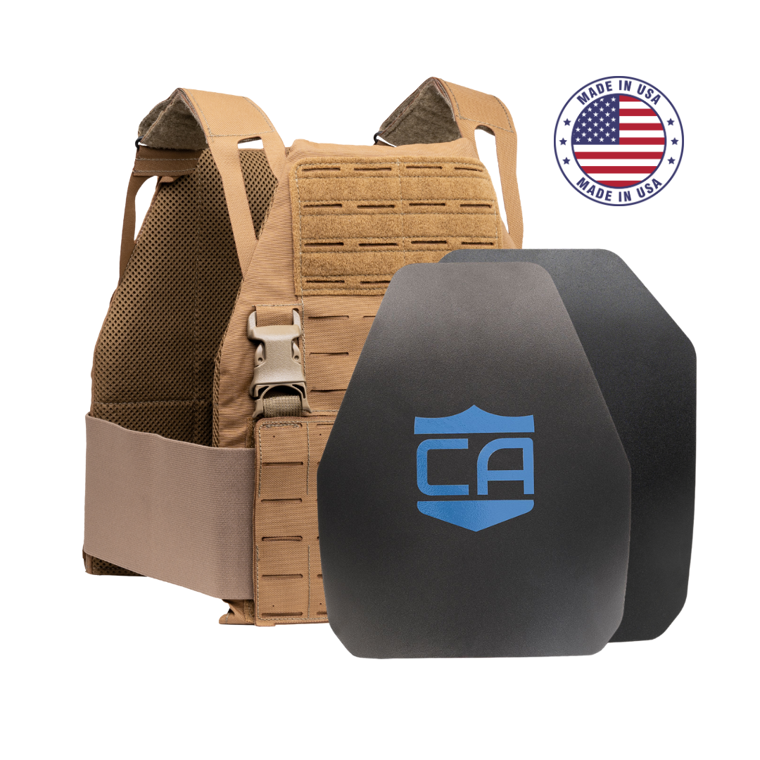 The Caliber Armor AR550 DV8 Level III+ Body Armor Package includes a tan tactical plate carrier vest with two black AR550 plates (blue shield logo), and a "Made in USA" badge with American flag, for quality protection.