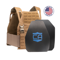 Thumbnail for The Caliber Armor AR550 DV8 Level III+ Body Armor Package includes a tan tactical plate carrier vest with two black AR550 plates (blue shield logo), and a 