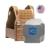 Thumbnail for The Caliber Armor AR550 DV8 Level III+ Body Armor Package features a tan plate carrier vest with two gray AR550 plates, a blue shield logo, and a 