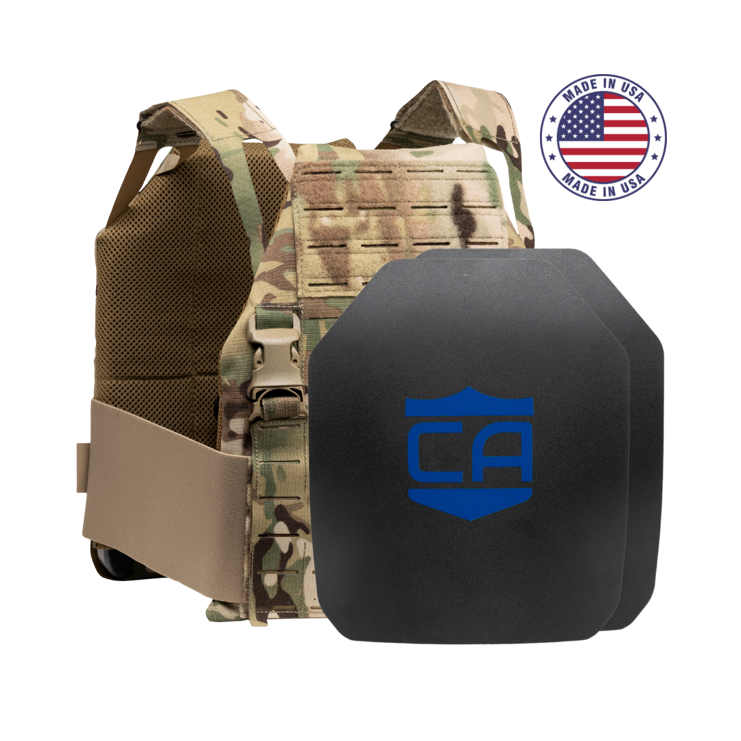 The Caliber Armor AR550 DV8 Level III+ Body Armor Package features front ballistic plates, a blue shield logo, and a “Made in USA” badge—compatible with the Caliber Armor DV8 Plate Carrier.