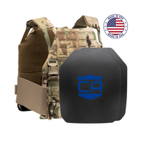Thumbnail for The Caliber Armor AR550 DV8 Level III+ Body Armor Package features front ballistic plates, a blue shield logo, and a “Made in USA” badge—compatible with the Caliber Armor DV8 Plate Carrier.