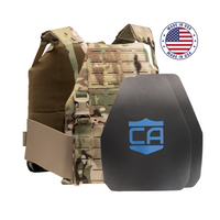 Thumbnail for A Caliber Armor Caliber AR550 DV8 - Level III+ Body Armor Package with camouflage plate carrier, tan straps, two black AR550 plates marked 