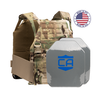 Thumbnail for Caliber Armor’s Caliber AR550 DV8 - Level III+ Body Armor Package: camouflage tactical vest with two gray AR550 plates featuring a blue logo and “Made in USA” badge in the upper right.