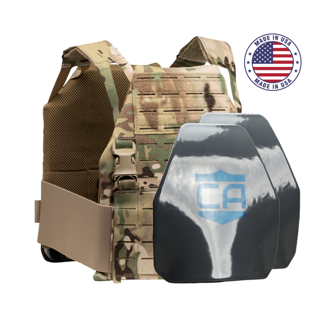 Caliber Armor's Caliber AR550 DV8 - Level III+ Body Armor Package features a camouflage tactical vest with tan straps and two black AR550 plates. A "Made in USA" badge with American flag is in the top right, perfect for your plate carrier setup.