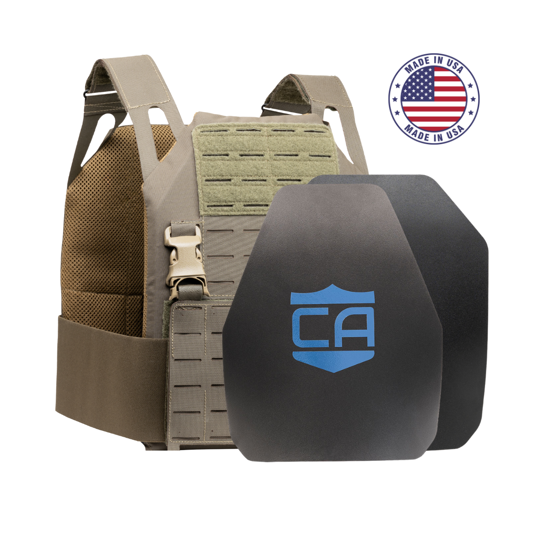 The Caliber Armor Caliber AR550 DV8 - Level III+ Body Armor Package includes a tactical vest with MOLLE webbing, two black AR550 armor plates marked "CA," and a "Made in USA" American flag badge.