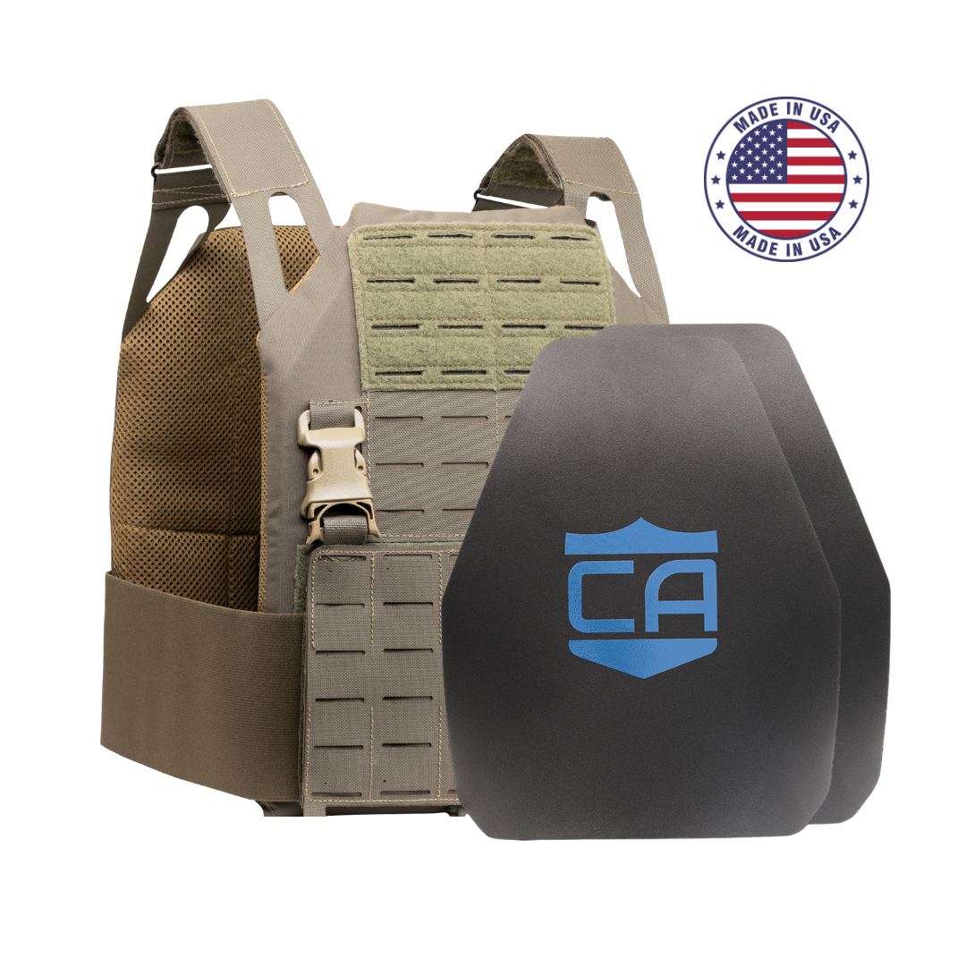 The Caliber Armor AR550 DV8 Level III+ Body Armor Package includes a tactical vest with adjustable straps, mesh padding, two black AR550 plates featuring a blue logo, and a "Made in USA" badge with the American flag.
