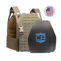 Thumbnail for The Caliber Armor AR550 DV8 Level III+ Body Armor Package includes a tactical vest with adjustable straps, mesh padding, two black AR550 plates featuring a blue logo, and a 
