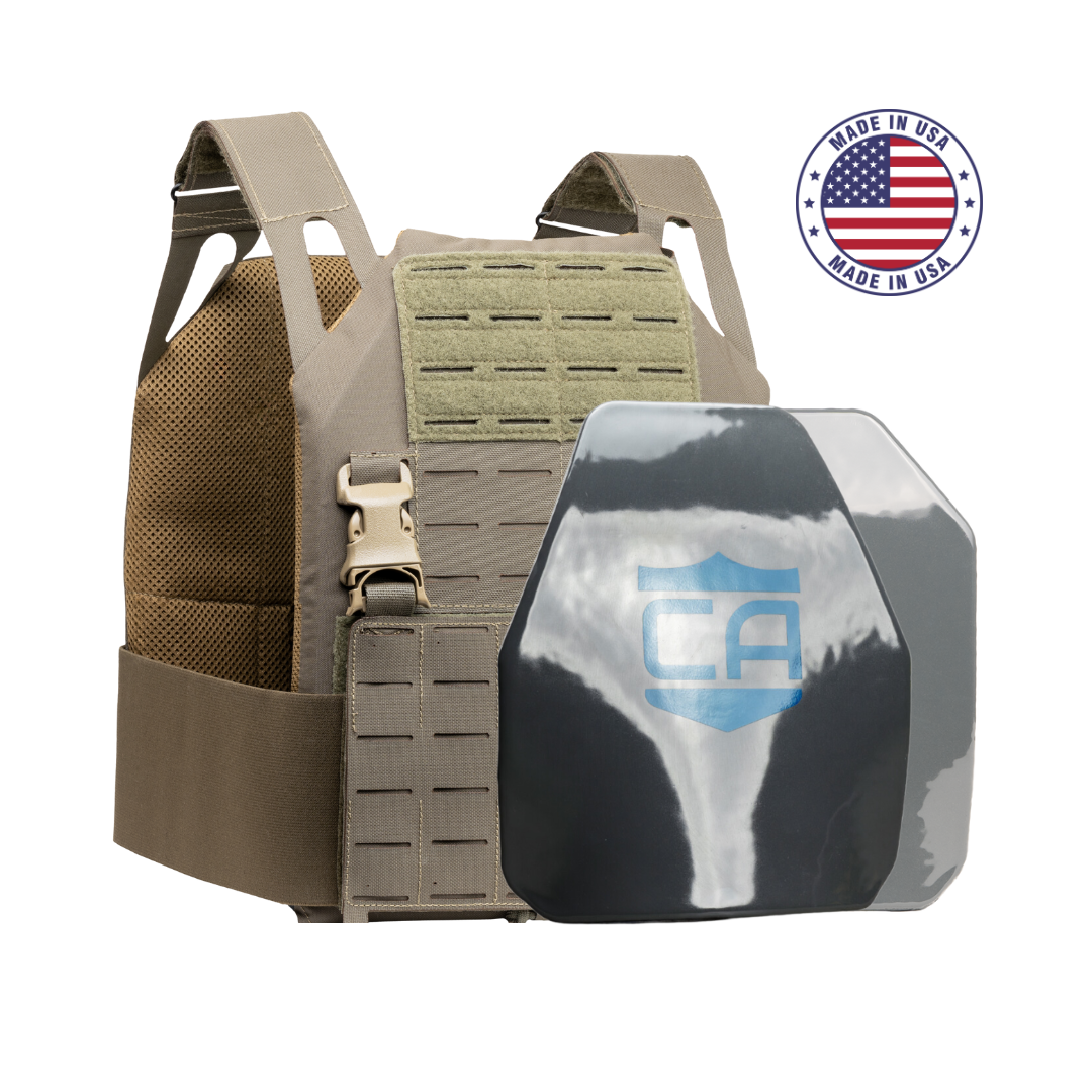 The Caliber Armor Caliber AR550 DV8 - Level III+ Body Armor Package includes a tan DV8 Plate Carrier with adjustable straps, a black AR550 plate with blue logo, and a "Made in USA" American flag badge.