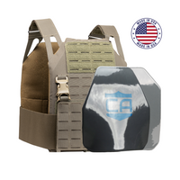 Thumbnail for The Caliber Armor Caliber AR550 DV8 - Level III+ Body Armor Package includes a tan DV8 Plate Carrier with adjustable straps, a black AR550 plate with blue logo, and a 