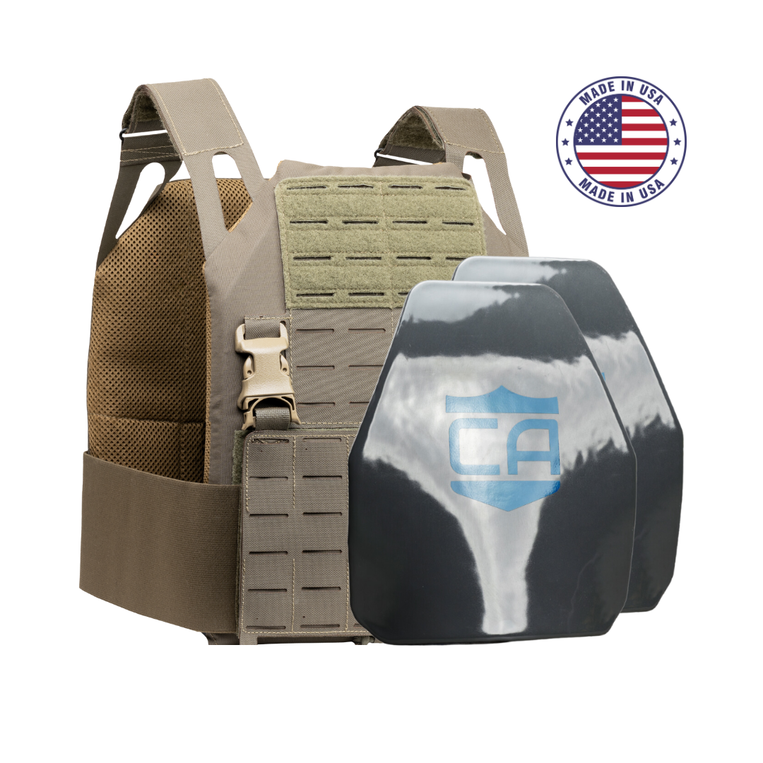 A close-up of the Caliber Armor Caliber AR550 DV8 - Level III+ Body Armor Package, highlighting its durable design and reliable protection.