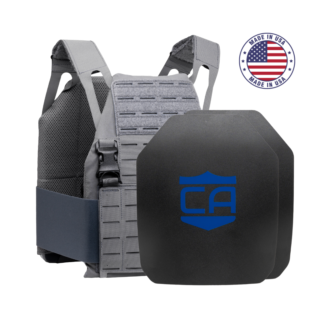 The Caliber Armor AR550 DV8 - Level III+ Body Armor Package features a gray plate carrier vest with black AR550 plates, blue CA logo, and a "Made in USA" badge with American flag, offering high protection and sleek style.