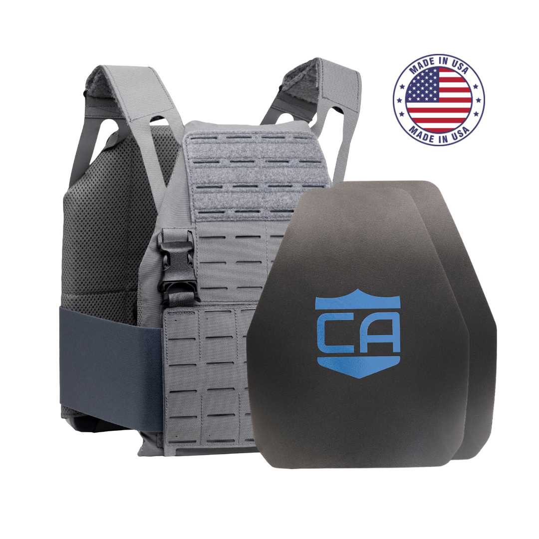 The Caliber Armor AR550 DV8 Level III+ Body Armor Package includes a gray tactical plate carrier with adjustable straps, AR550 body armor plates with a blue shield logo, and a "Made in USA" American flag badge.