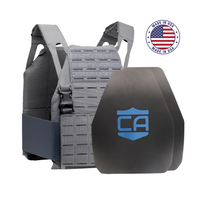 Thumbnail for The Caliber Armor AR550 DV8 Level III+ Body Armor Package includes a gray tactical plate carrier with adjustable straps, AR550 body armor plates with a blue shield logo, and a 