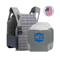 Thumbnail for A gray Caliber Armor DV8 Plate Carrier with AR550 Level III+ plates, both featuring a blue CA logo, sits beside a 