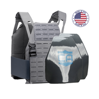 Thumbnail for The Caliber Armor Caliber AR550 DV8 - Level III+ Body Armor Package includes a gray plate carrier and two black AR550 plates, with a 