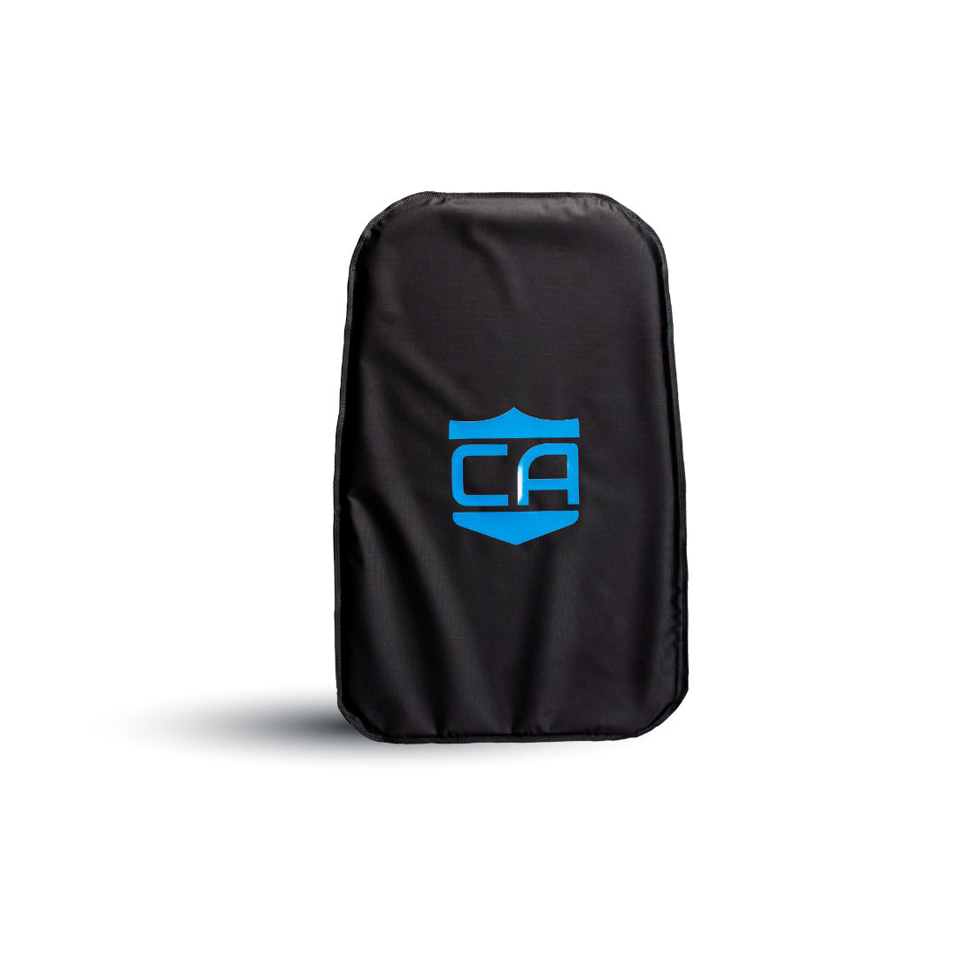 A black rectangular padded case with a blue "CA" logo, designed for the CaliberX IIIA Body Armor Insert by Caliber Armor, fits 5.11 Tactical Backpacks and is shown against a plain light background.