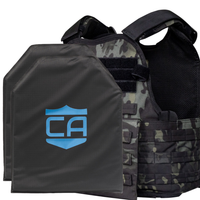 Thumbnail for The CaliberX IIIA/HG2 Active Response Package by Caliber Armor is a black camo tactical vest with pouches, lightweight armor, and two black plates—one featuring a blue CA logo—compatible with MOPC Carrier setups.