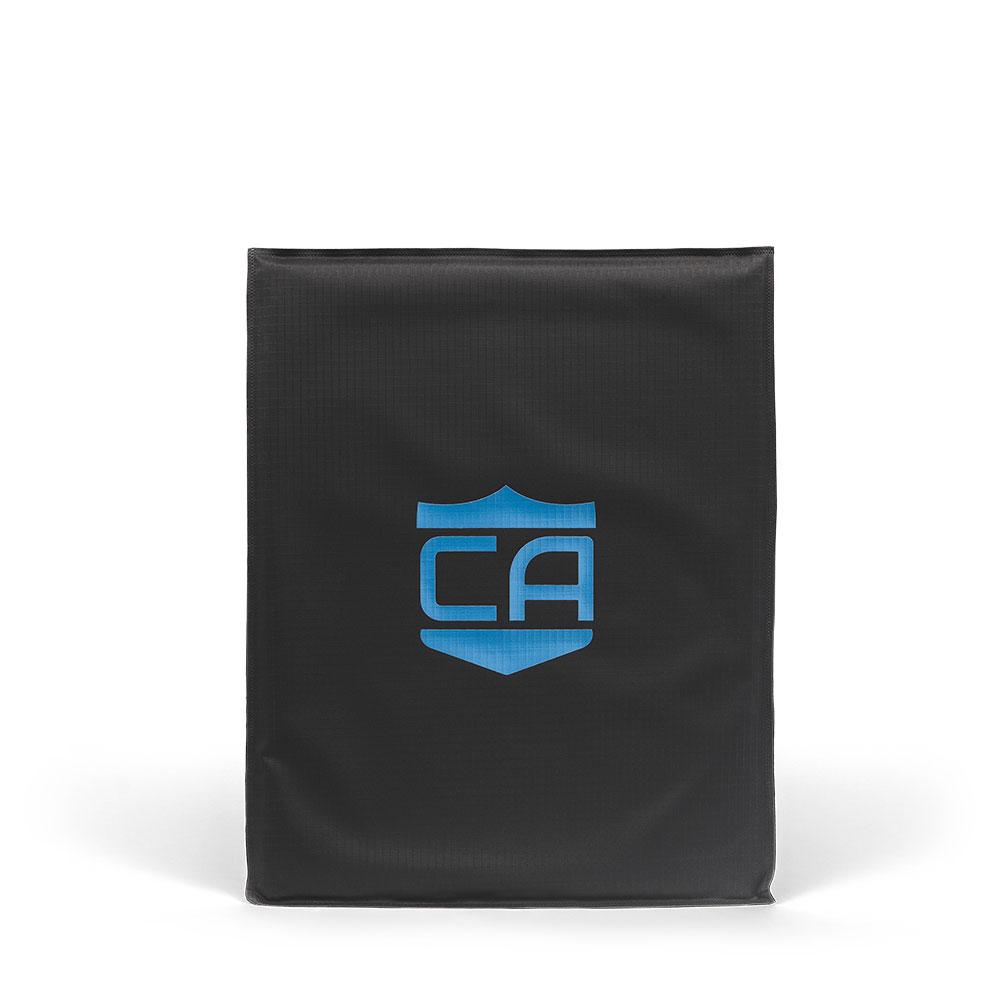 The Caliber Armor CaliberX IIIA Soft Body Armor Rectangle Panel is shown in a black case with a blue "CA" shield logo, ideal for storing soft armor inserts or vest accessories, photographed against a white background.