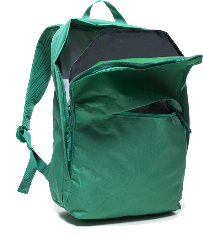 The Caliber Armor CaliberX IIIA Soft Body Armor Panel is shown in a green backpack featuring an open main compartment and a partially open front zippered pocket on a white background.