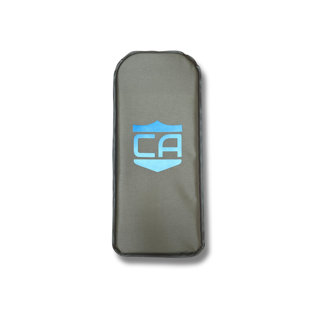 Rectangular gray fabric case with rounded edges, displaying a blue "CA" shield logo. Designed by Caliber Armor for the CaliberX IIIA Body Armor Insert, compatible with Eberlestock backpacks. Photographed on a white background.