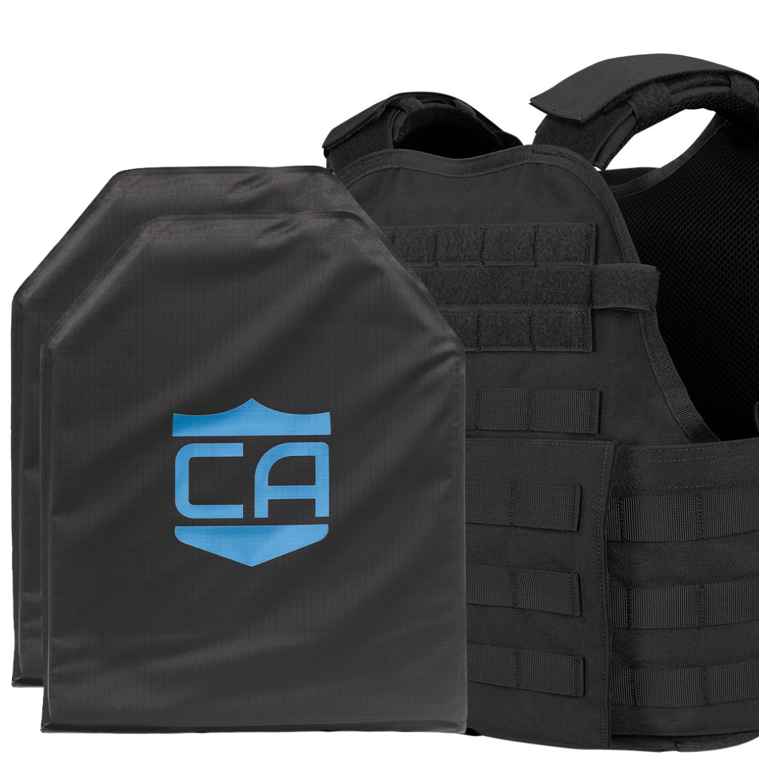 Caliber Armor CaliberX IIIA/HG2 Active Response Package: black tactical vest with adjustable straps and two lightweight armor plates featuring a blue CA logo, displayed in front of the vest.