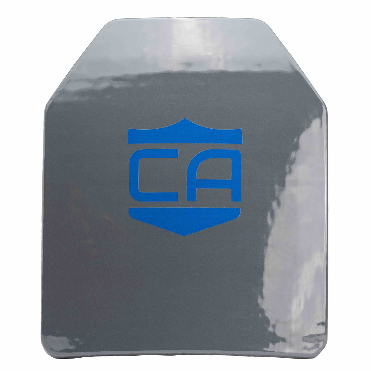 The Caliber Armor CaliberHX IIIA Hard Armor Speed Plate is a rectangular, lightweight plate with beveled top corners, featuring a glossy gray surface and a blue shield logo with "CA" in the center.