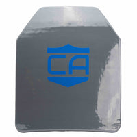 Thumbnail for The Caliber Armor CaliberHX IIIA Hard Armor Speed Plate is a rectangular, lightweight plate with beveled top corners, featuring a glossy gray surface and a blue shield logo with 