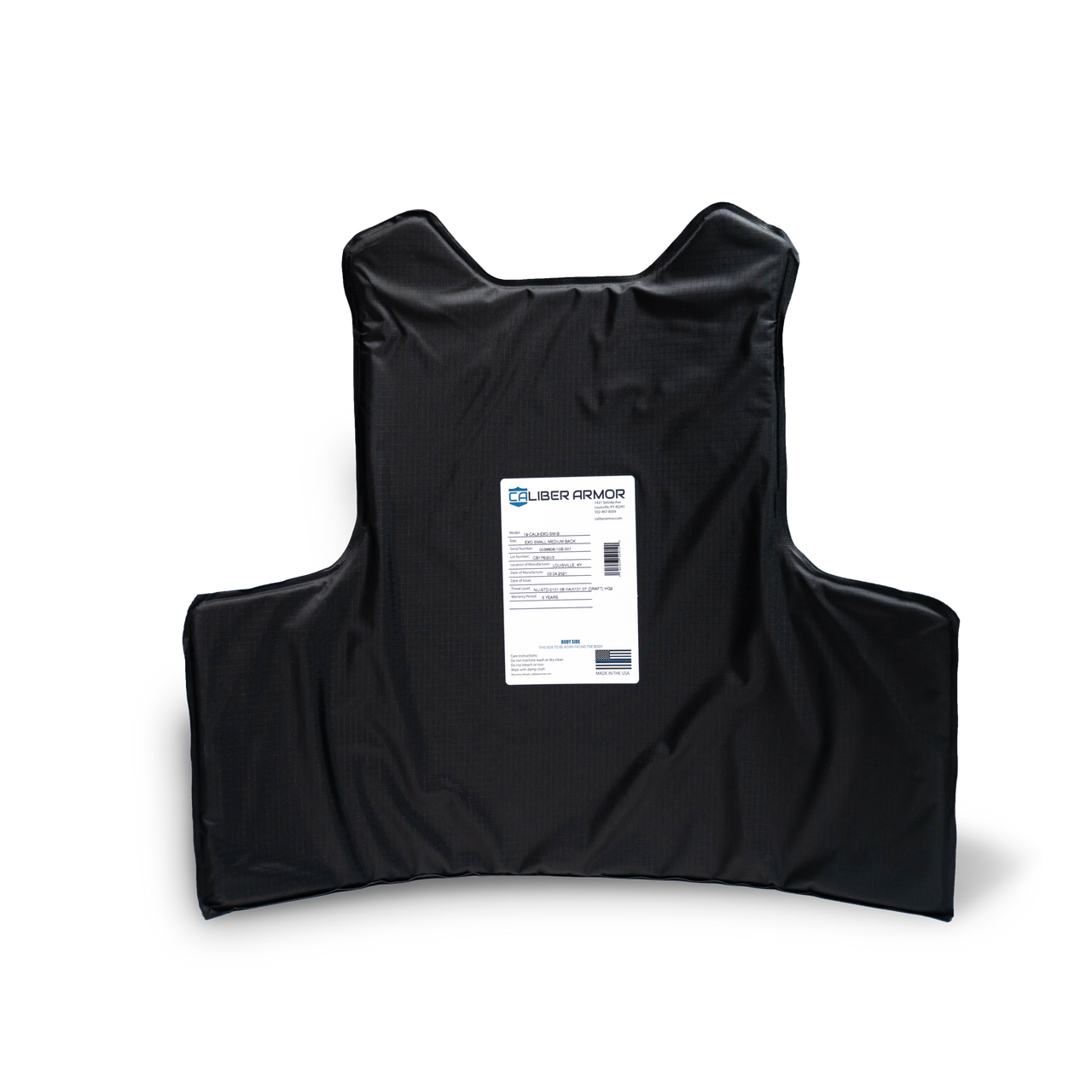 The CaliberX IIIA Package with Overt Body Armor Vest by Caliber Armor, featuring a black panel with a rectangular white label, is compatible with standard plate carriers and shown on a plain white background.