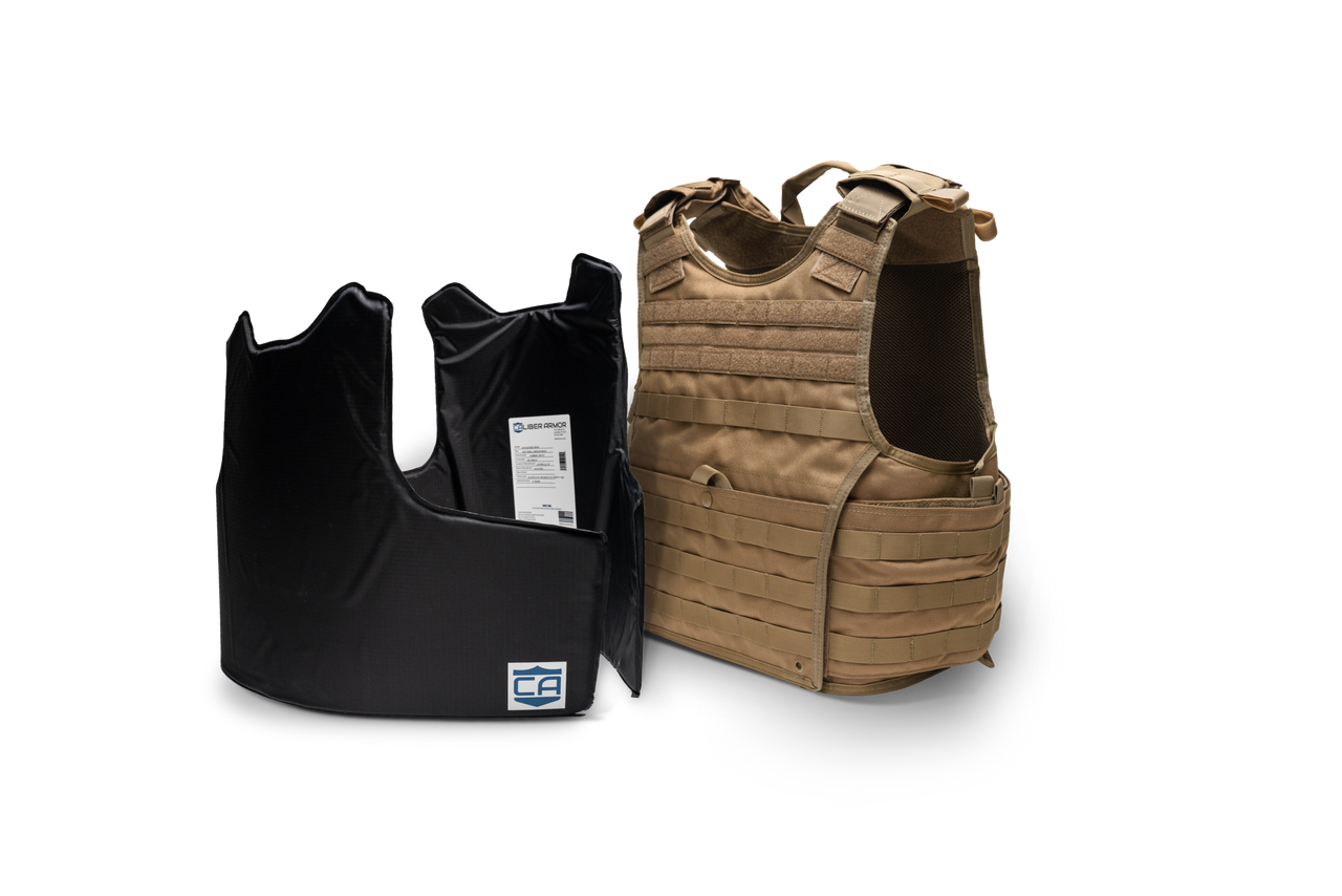 The Caliber Armor CaliberX IIIA Package with Overt Body Armor Vest in tan is displayed upright beside its labeled black armor insert, both set against a plain white background.