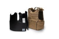 Thumbnail for The Caliber Armor CaliberX IIIA Package with Overt Body Armor Vest in tan is displayed upright beside its labeled black armor insert, both set against a plain white background.