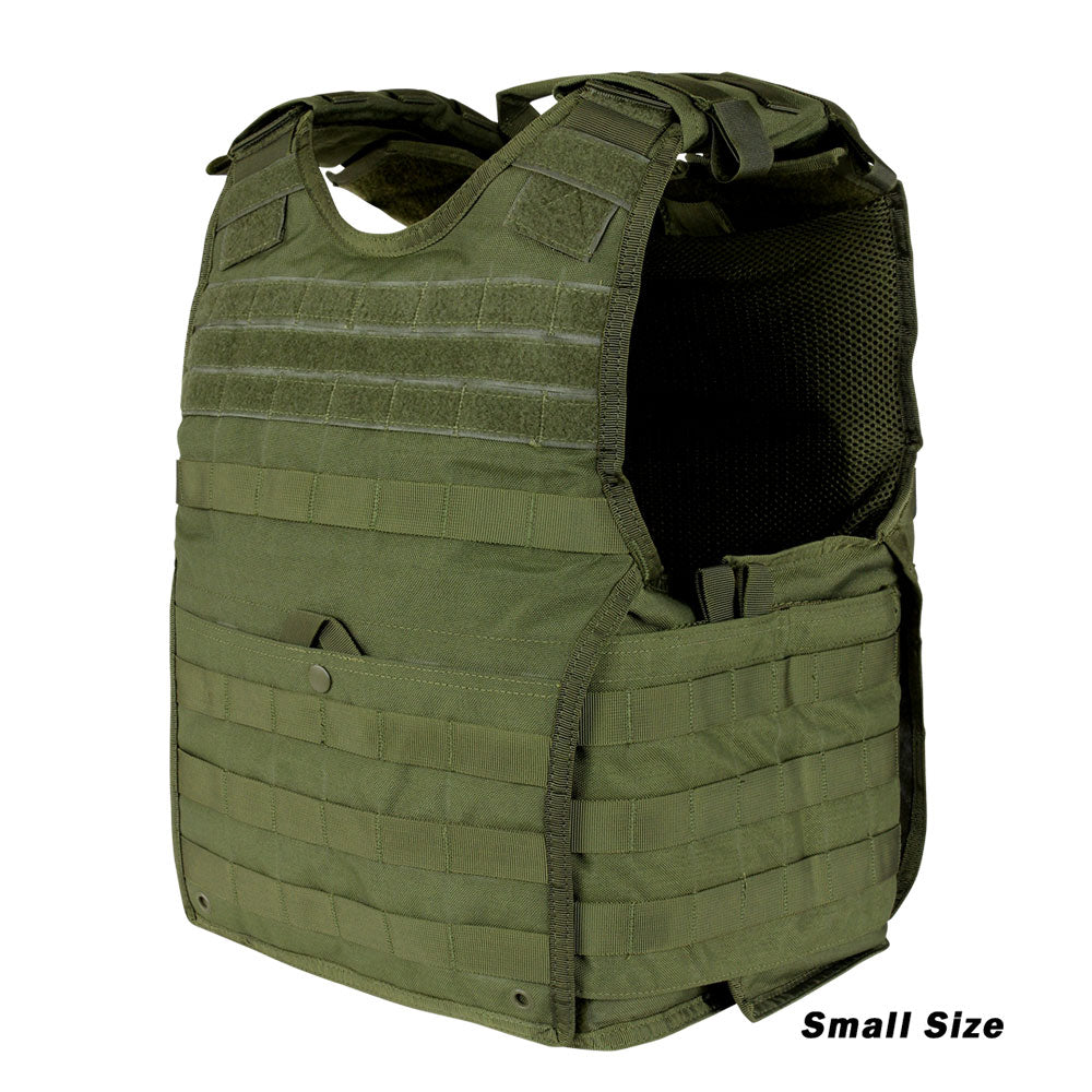 Caliber Armor EXO PLATE CARRIER GEN II in olive green, with multiple pockets and attachments, displayed upright. "Small Size" text shown in bottom right. Compatible with hard armor plates for superior protection.