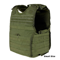 Thumbnail for Caliber Armor EXO PLATE CARRIER GEN II in olive green, with multiple pockets and attachments, displayed upright. 